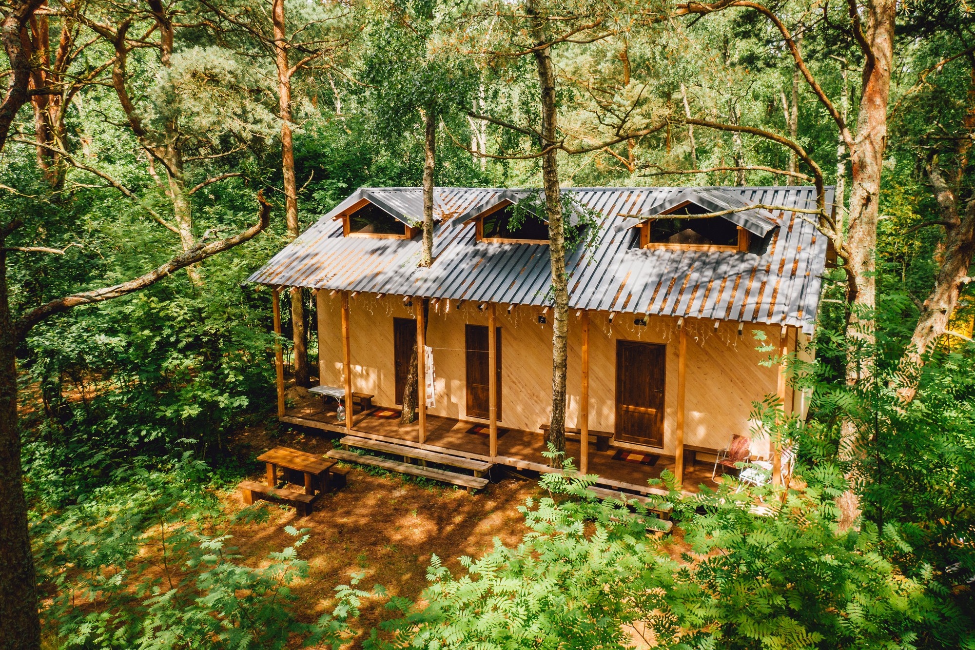 Небольшой, симпатичный домик в густом сосновом лесу.