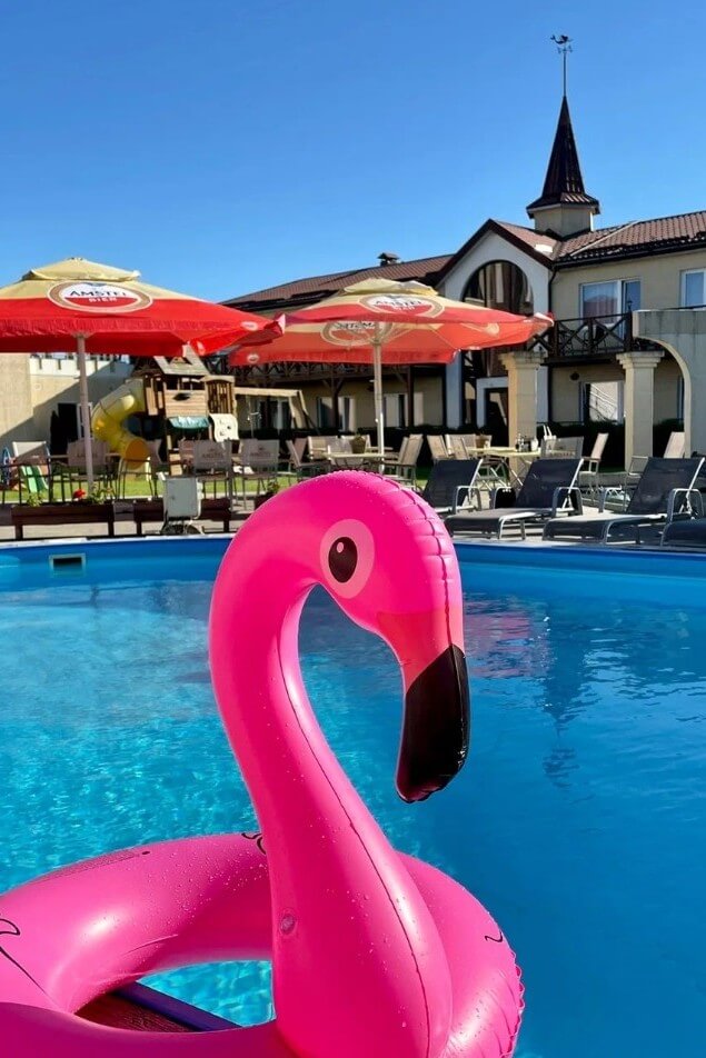 Розовый, надувной фламинго у бассейна.