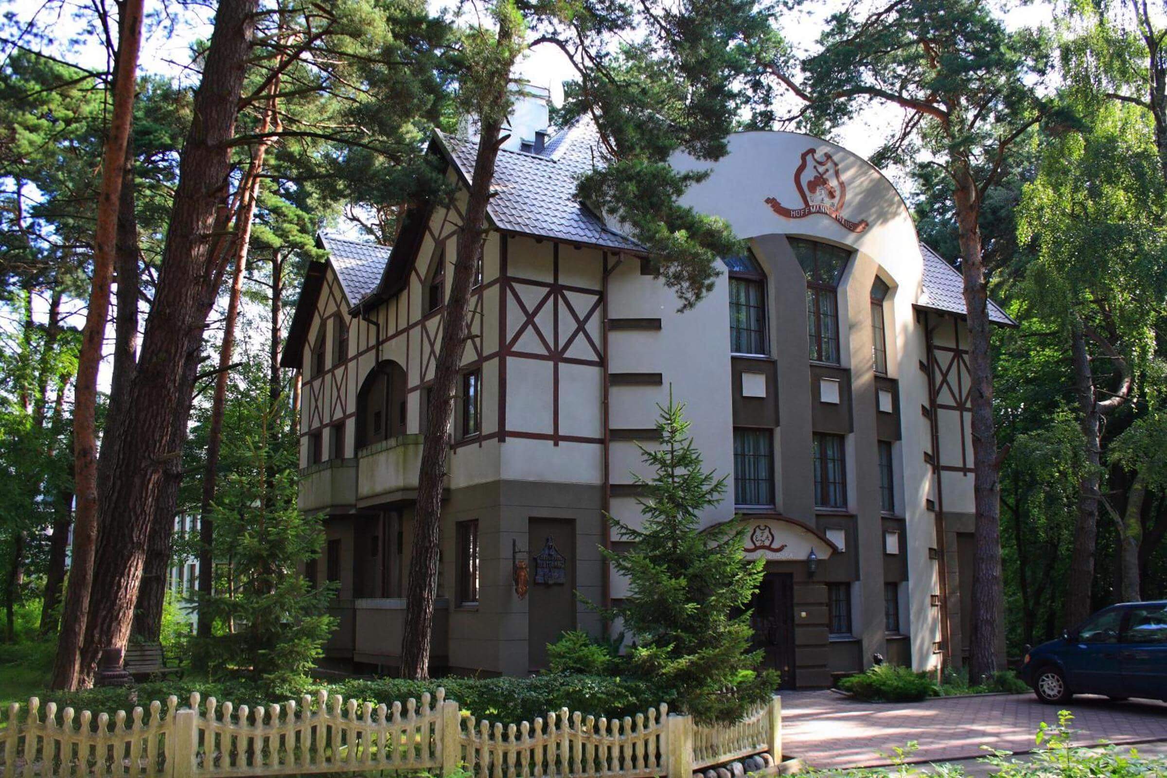 Вокруг отеля лес с высокими соснами.