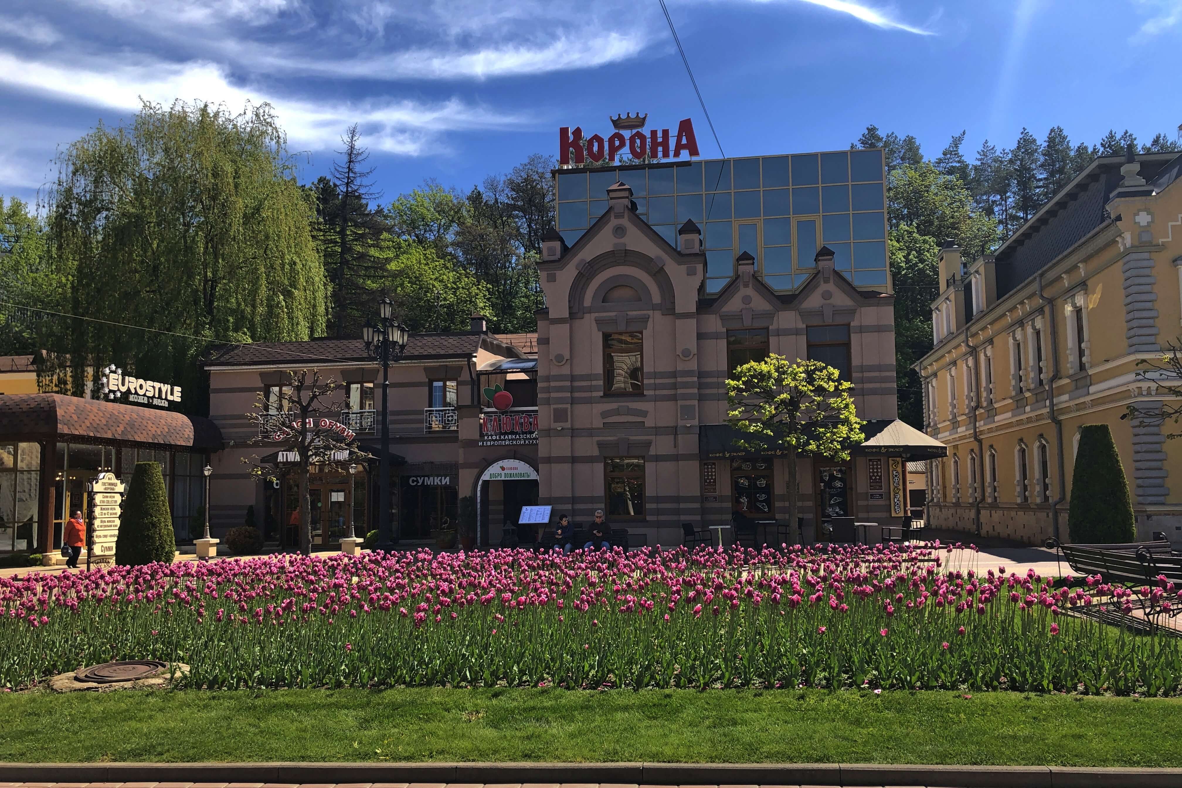 Перед зданием отеля высажены красивые бордово-розовые тюльпаны.