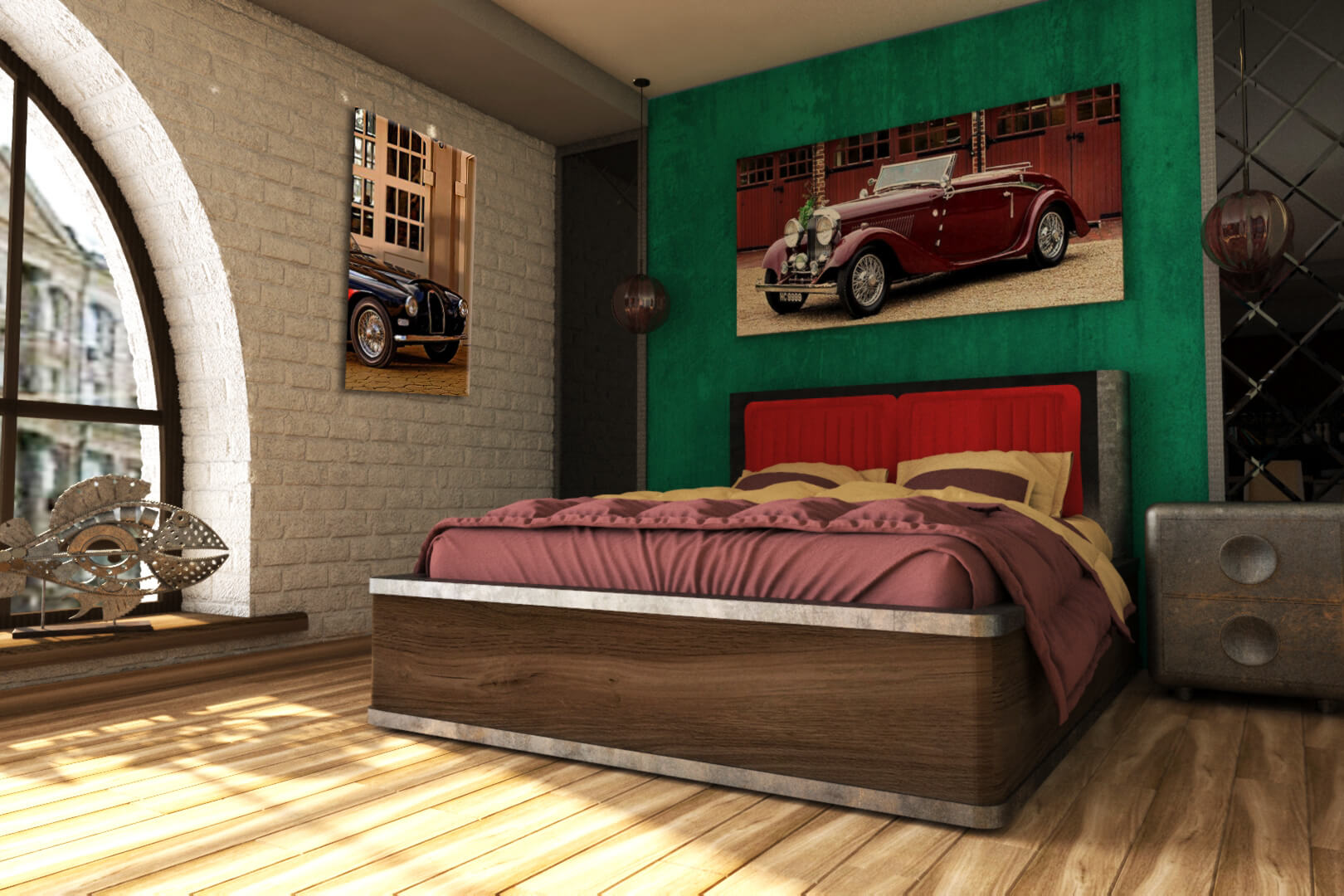 Большая кровать и картины с авто.