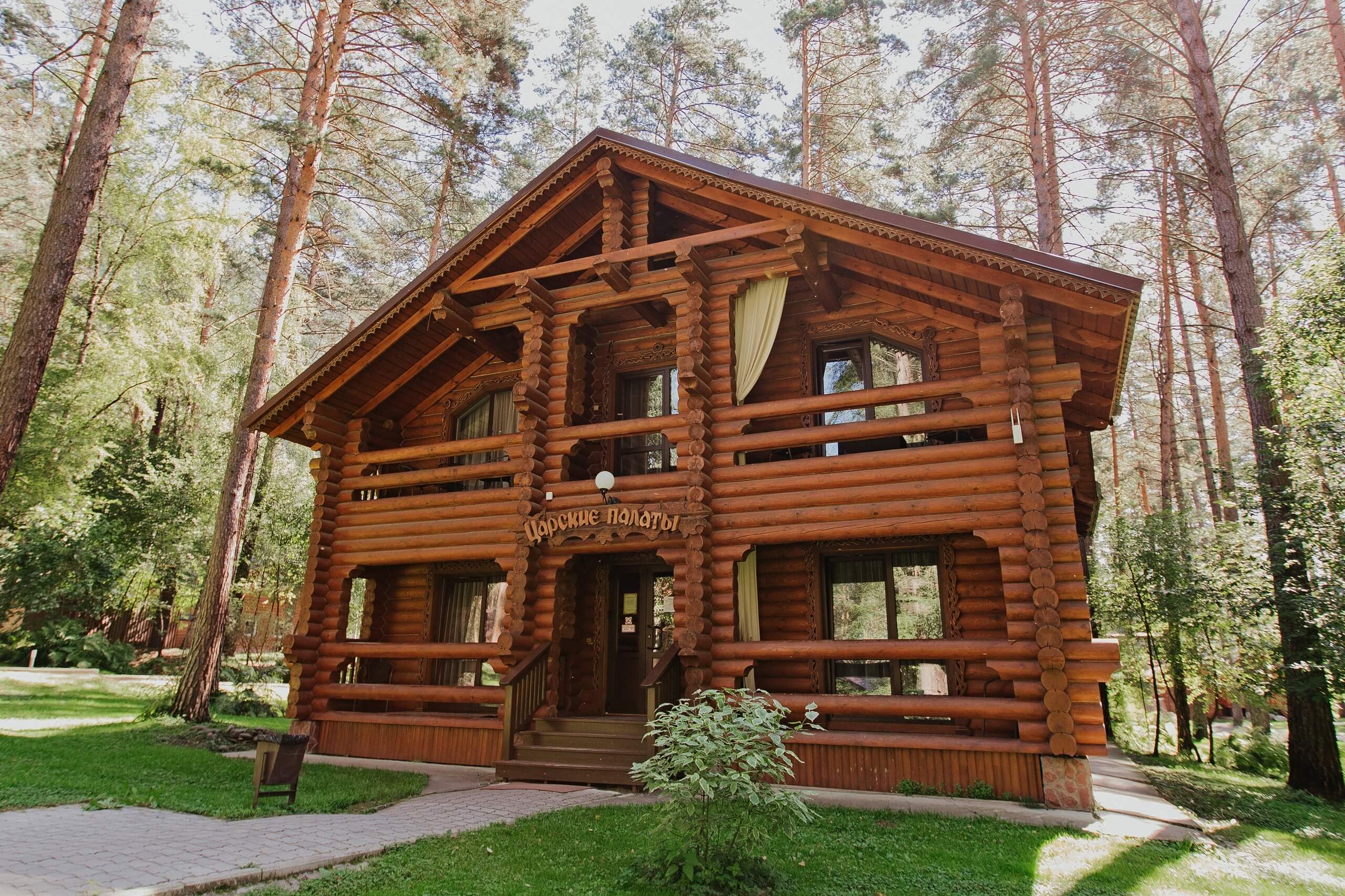 Красивые деревянные дома окружены высокими соснами.