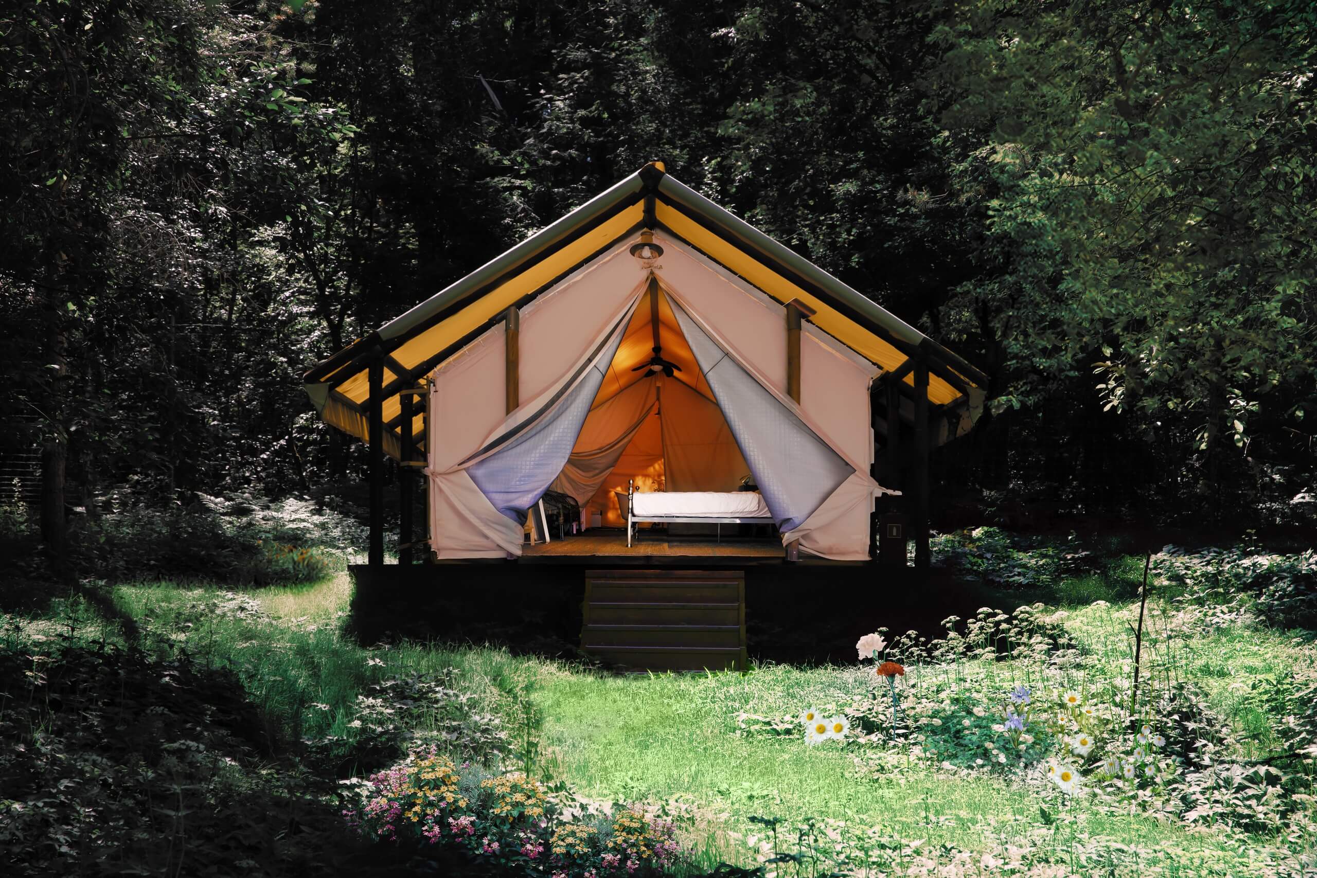 Сафари-палатка в лиственном лесу - оригинальное место для отдыха.