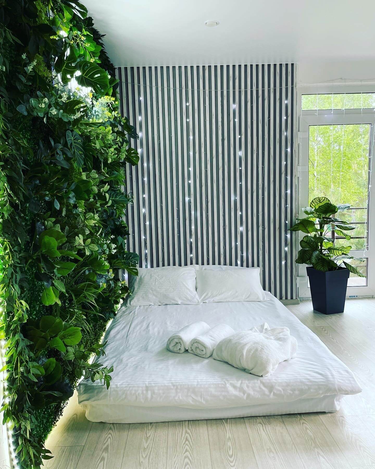 Гостевой дом «Оазис». Спальное место: низкопольная кровать, вертикальное озеленение.